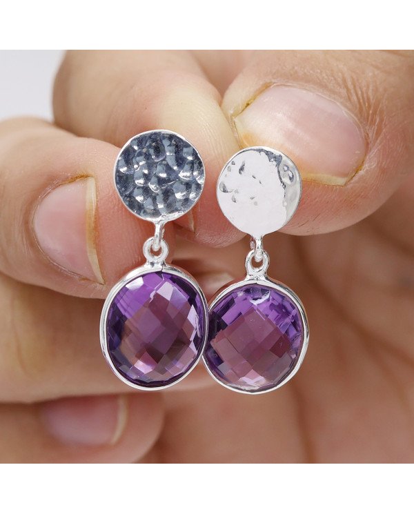 Handmade 925 Sterling Silver Amethyst Drop Stud Earrings