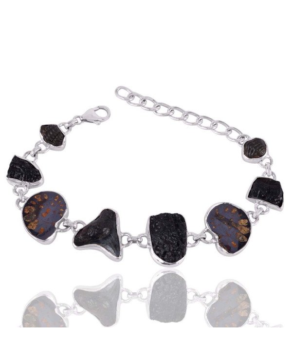 Tektite Amonite and Shark Tooth Fossil Mens Bracelets Silver Bracelet