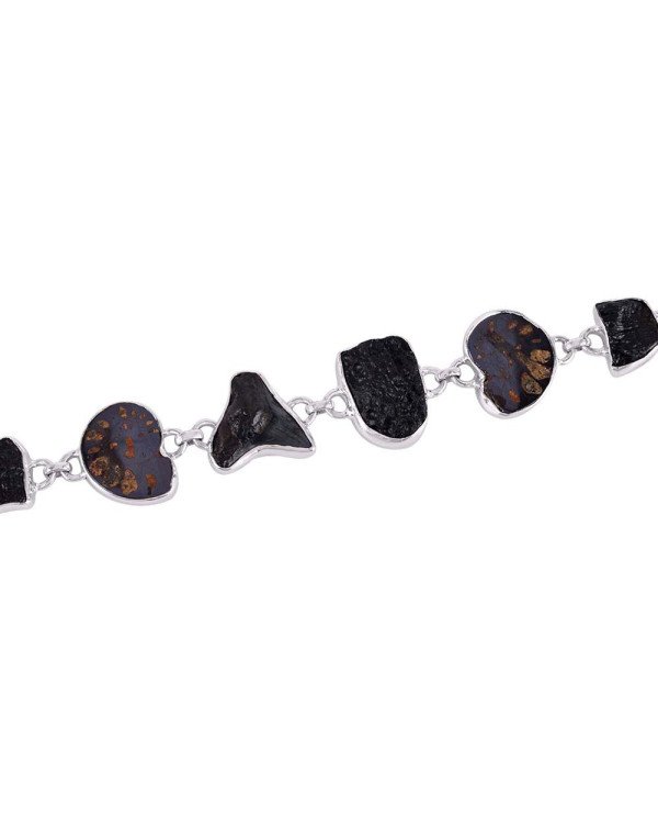 Tektite Amonite and Shark Tooth Fossil Mens Bracelets Silver Bracelet