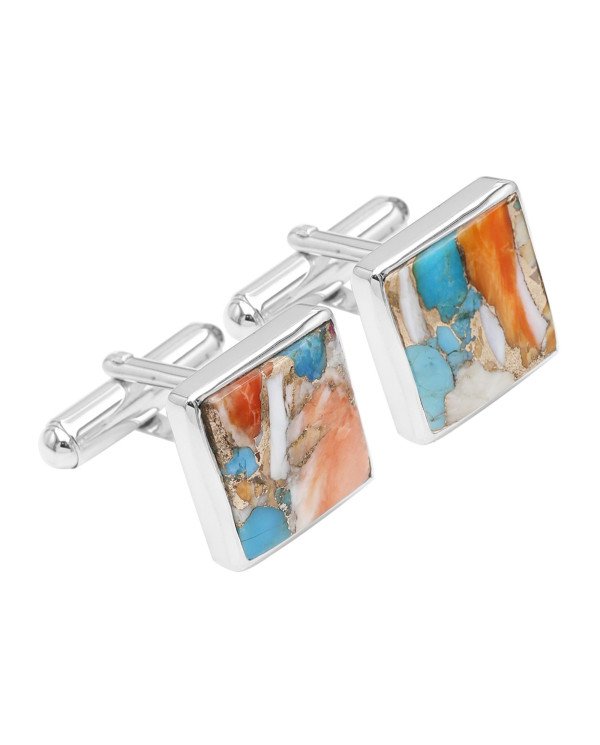Orange Turquoise Square Shape Cufflinks 925 Sterling Silver Cufflinks for Men