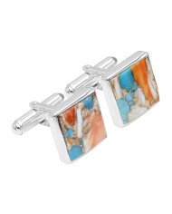 Orange Turquoise Square Shape Cufflinks 925 Sterling Silver Cufflinks for Men