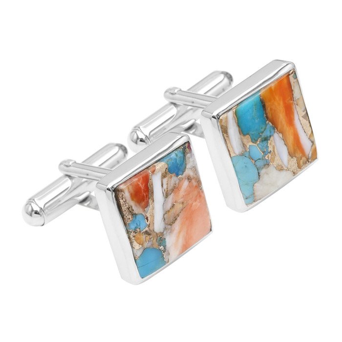 Orange Turquoise Square Shape Cufflinks 925 Sterling Silver Cufflinks for Men