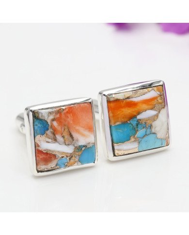 Orange Turquoise Square Shape Cufflinks 925 Sterling Silver Cufflinks for Men