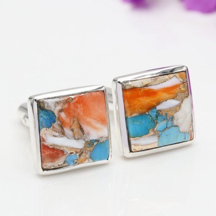 Orange Turquoise Square Shape Cufflinks 925 Sterling Silver Cufflinks for Men