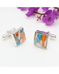 Orange Turquoise Square Shape Cufflinks 925 Sterling Silver Cufflinks for Men