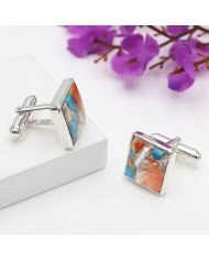Orange Turquoise Square Shape Cufflinks 925 Sterling Silver Cufflinks for Men