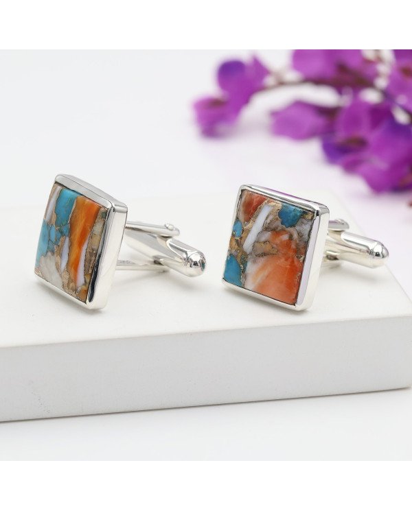 Orange Turquoise Square Shape Cufflinks 925 Sterling Silver Cufflinks for Men