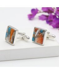 Orange Turquoise Square Shape Cufflinks 925 Sterling Silver Cufflinks for Men