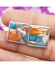 Orange Turquoise Square Shape Cufflinks 925 Sterling Silver Cufflinks for Men