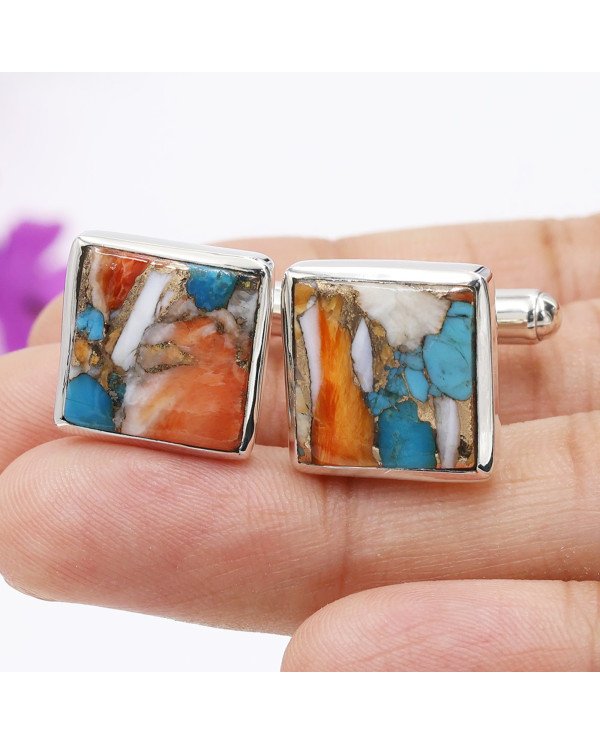 Orange Turquoise Square Shape Cufflinks 925 Sterling Silver Cufflinks for Men