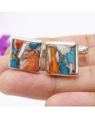 Orange Turquoise Square Shape Cufflinks 925 Sterling Silver Cufflinks for Men