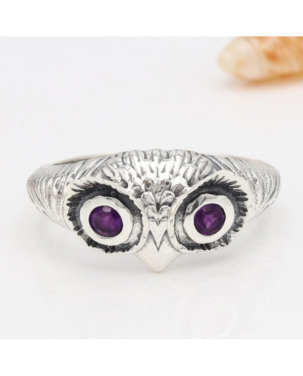 Owl Skull 925 Sterling Silver Owl Skull Amethyst Ring