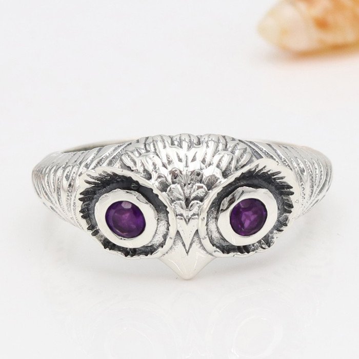 Owl Skull 925 Sterling Silver Owl Skull Amethyst Ring