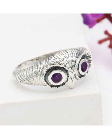 Owl Face Skull Ring 925 Sterling Silver Owl Skull Ring Amethyst Ring