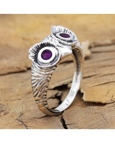 Owl Face Skull Ring 925 Sterling Silver Owl Skull Ring Amethyst Ring