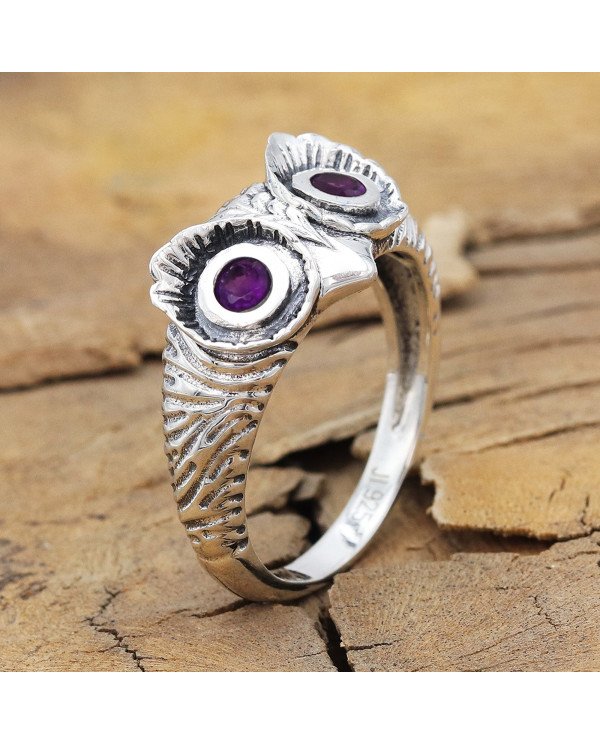 Owl Skull 925 Sterling Silver Owl Skull Amethyst Ring