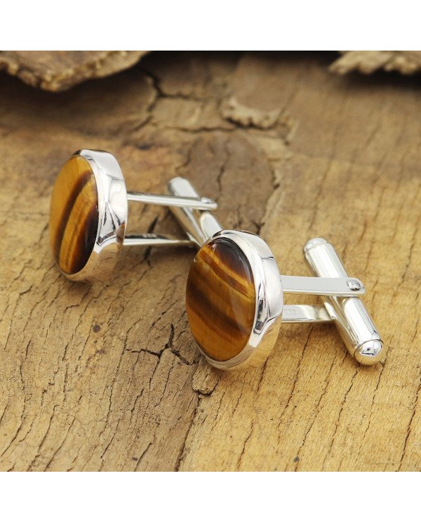 Tiger's Eye Cufflinks 925 Sterling Silver Tiger eye Cufflinks for Men