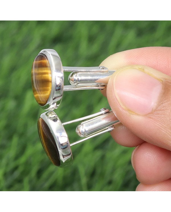 Tiger's Eye Cufflinks 925 Sterling Silver Tiger eye Cufflinks for Men