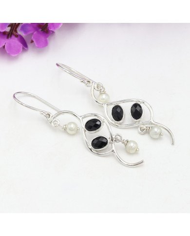 Onyx and Pearl Earring 925 Sterling Silver Earring Black Onyx Earrings