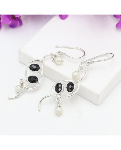 Onyx and Pearl Earring 925 Sterling Silver Earring Black Onyx Earrings