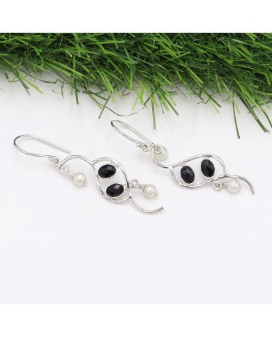 Onyx and Pearl Earring 925 Sterling Silver Earring Black Onyx Earrings