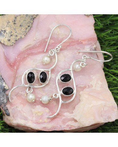 Onyx and Pearl Earring 925 Sterling Silver Earring Black Onyx Earrings