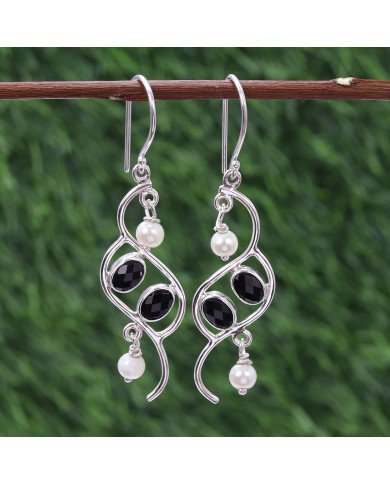 Onyx and Pearl Earring 925 Sterling Silver Earring Black Onyx Earrings