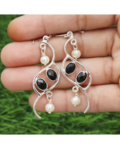 Onyx and Pearl Earring 925 Sterling Silver Earring Black Onyx Earrings