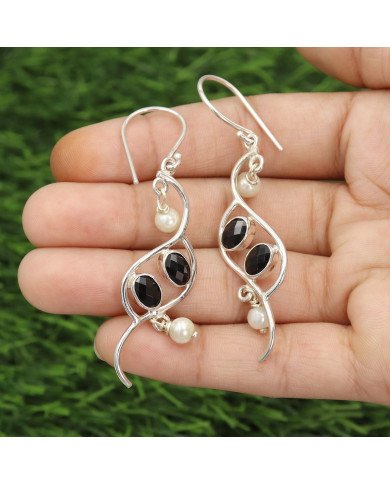 Onyx and Pearl Earring 925 Sterling Silver Earring Black Onyx Earrings