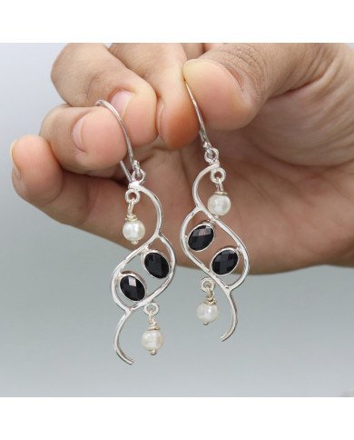 Onyx and Pearl Earring 925 Sterling Silver Earring Black Onyx Earrings