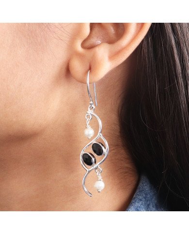 Onyx and Pearl Earring 925 Sterling Silver Earring Black Onyx Earrings