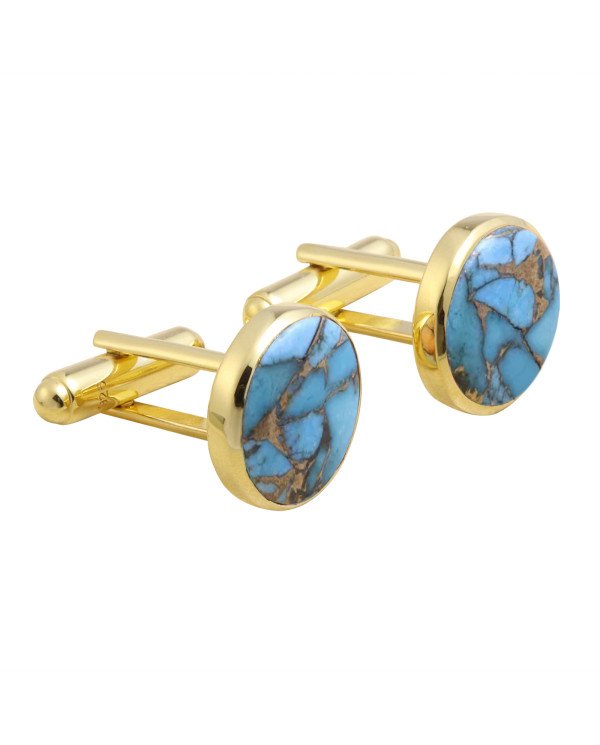18k Gold Vermeil Silver Blue Copper Turquoise Cufflink for Men