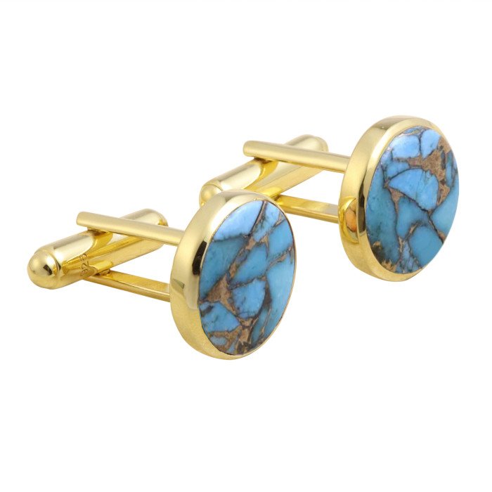 18k Gold Vermeil Silver Blue Copper Turquoise Cufflink for Men