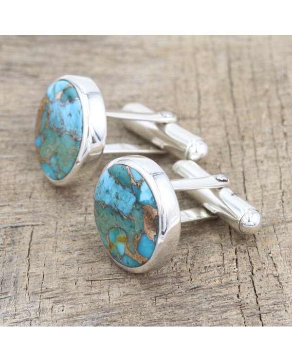 Sterling Silver Blue Copper Turquoise Cufflink for Men