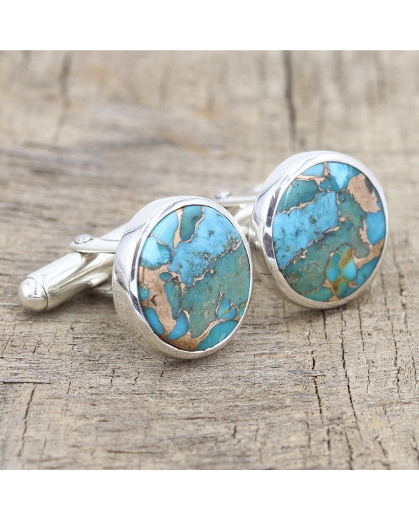 Sterling Silver Blue Copper Turquoise Cufflink for Men