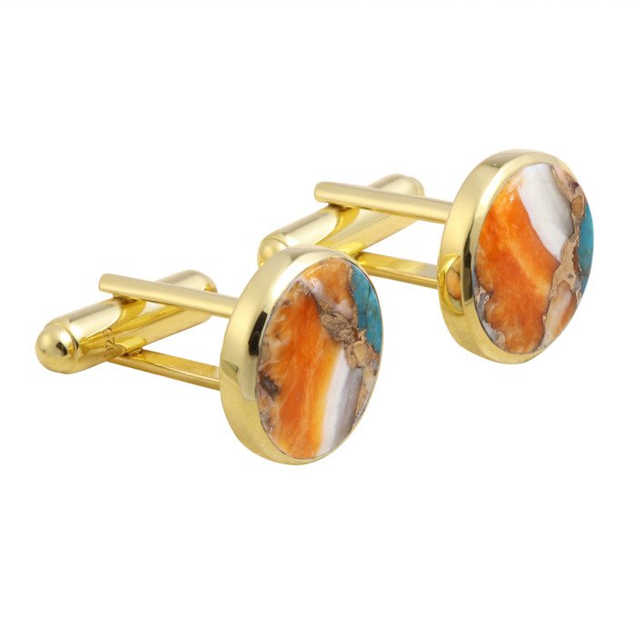 18k Gold Vermeil Silver Orange Spiny Oyster Turquoise Cufflink for Men
