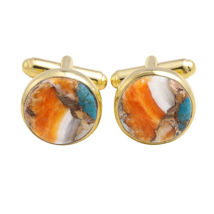 18k Gold Vermeil Silver Orange Spiny Oyster Turquoise Cufflink for Men
