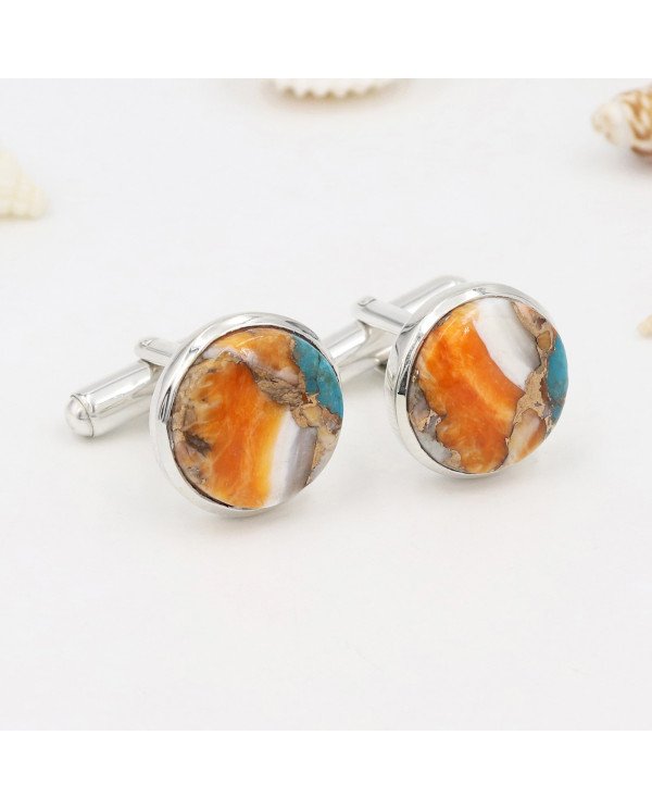 Sterling Silver Orange Spiny Oyster Turquoise Cufflink for Men