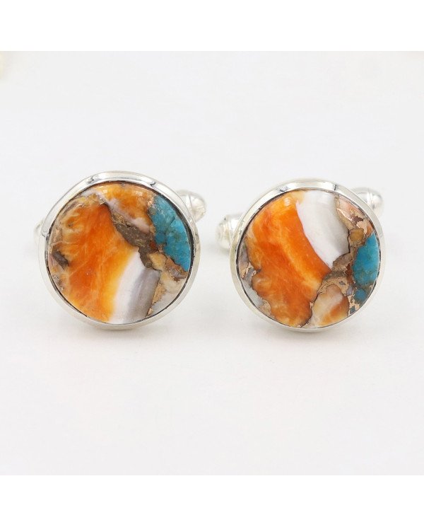 Sterling Silver Orange Spiny Oyster Turquoise Cufflink for Men