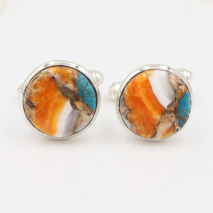 Sterling Silver Orange Spiny Oyster Turquoise Cufflink for Men