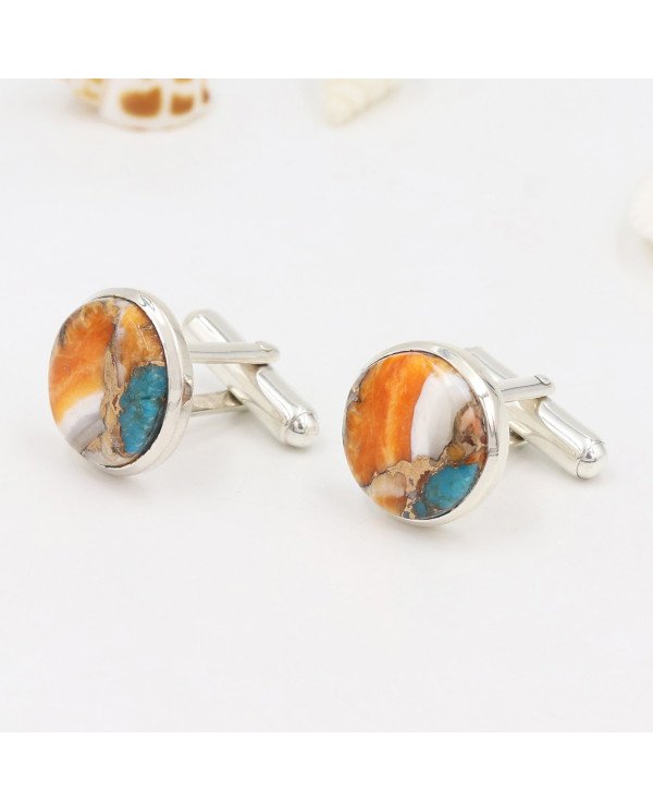 Sterling Silver Orange Spiny Oyster Turquoise Cufflink for Men