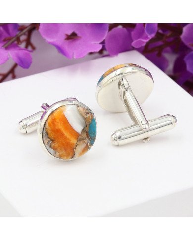 Sterling Silver Orange Spiny Oyster Turquoise Cufflink for Men