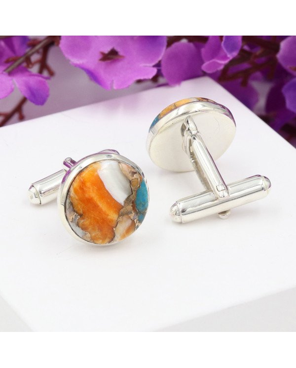 Sterling Silver Orange Spiny Oyster Turquoise Cufflink for Men