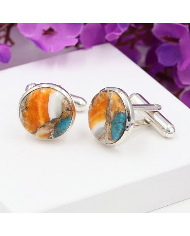 Sterling Silver Orange Spiny Oyster Turquoise Cufflink for Men