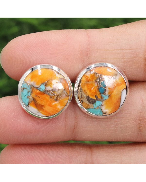Sterling Silver Orange Spiny Oyster Turquoise Cufflink for Men