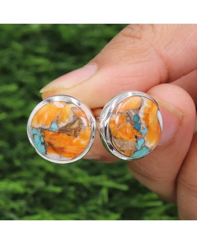 Sterling Silver Orange Spiny Oyster Turquoise Cufflink for Men