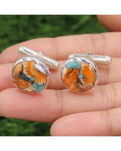 Sterling Silver Orange Spiny Oyster Turquoise Cufflink for Men