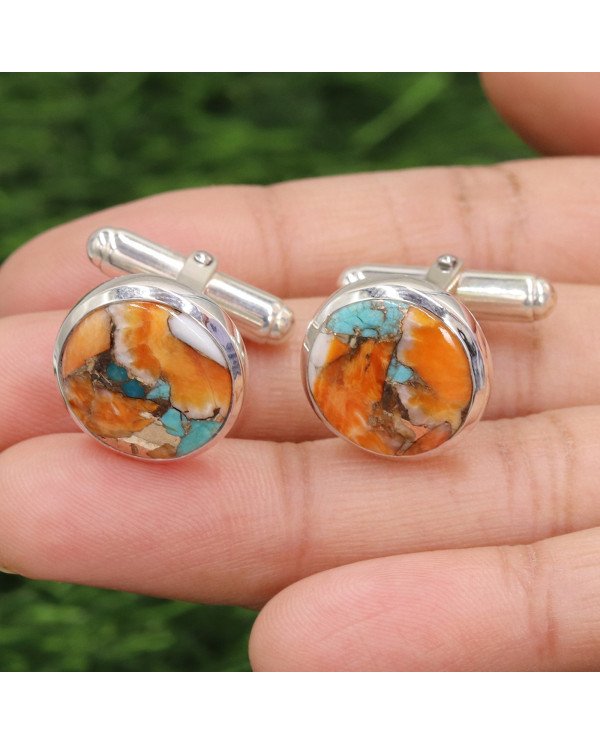 Sterling Silver Orange Spiny Oyster Turquoise Cufflink for Men
