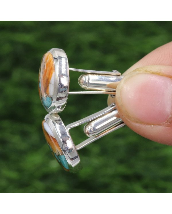 Sterling Silver Orange Spiny Oyster Turquoise Cufflink for Men