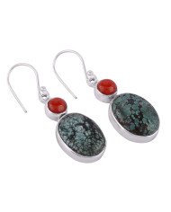 Turquoise Coral Gemstone Earring Two Stone Silver Earrings for Women